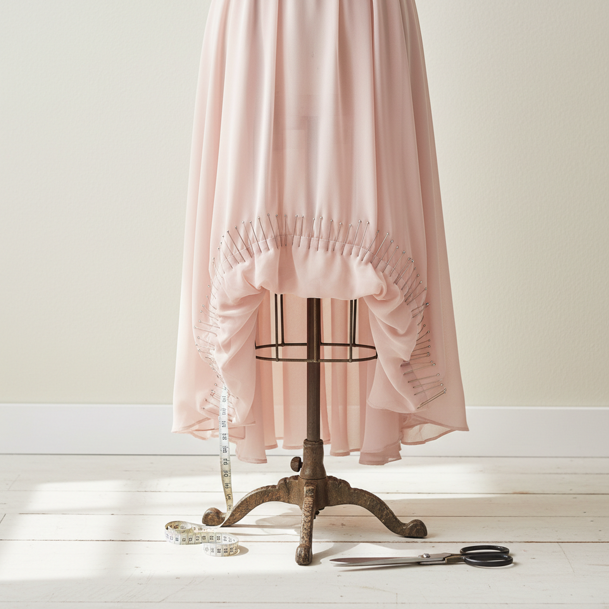 Langes Chiffonkleid auf einer Schneiderpuppe mit abgestecktem Saum, Massband und Schere daneben