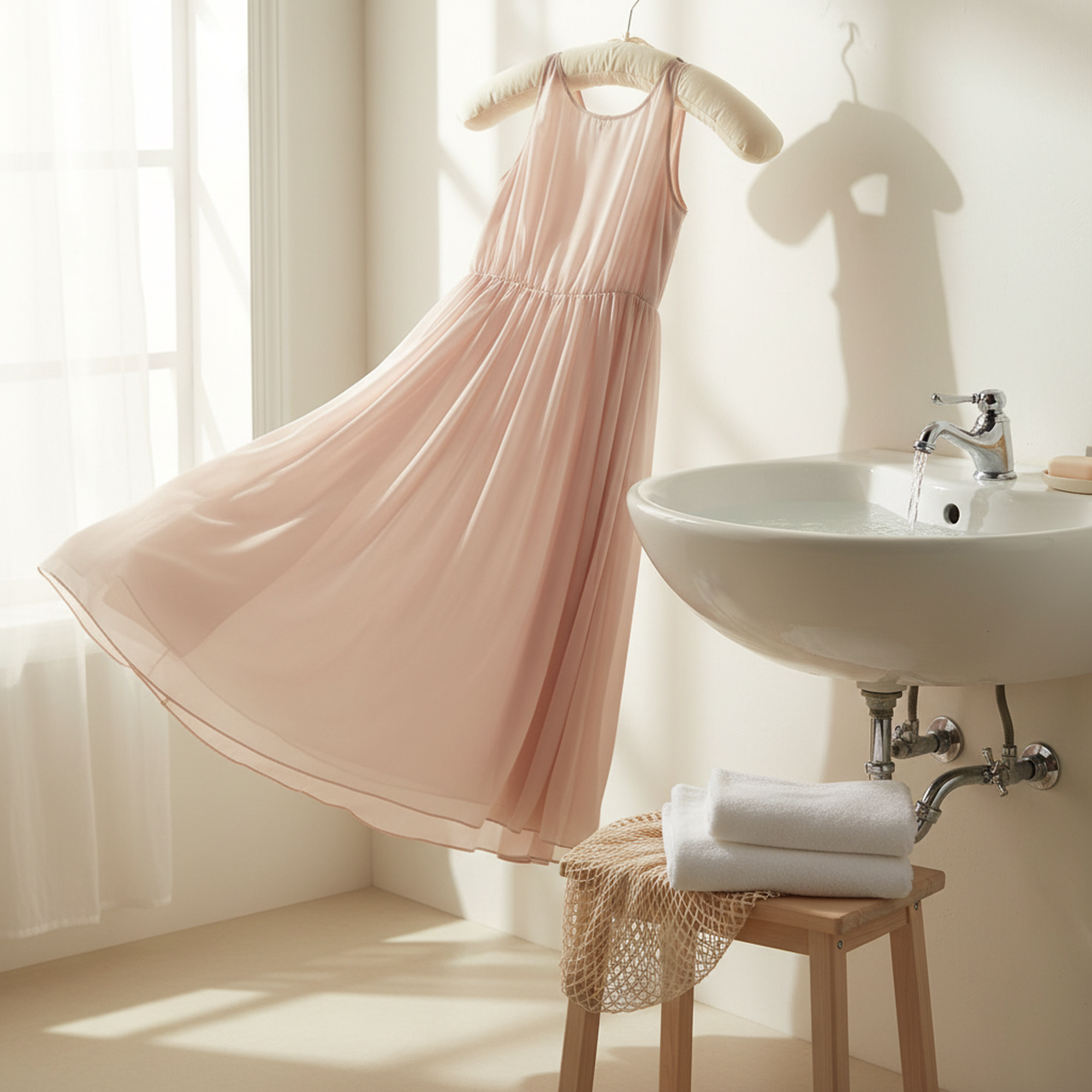 Helles Chiffonkleid am gepolsterten Buegel neben Waschbecken, Handtuch und Waeschenetz