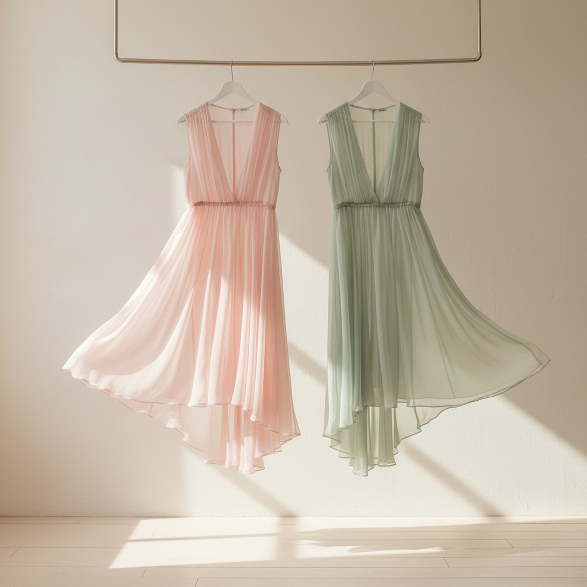 Zwei Chiffonkleider in Rosa und Salbeigruen haengen im Tageslicht, der Stoff faellt leicht