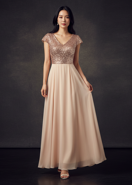Cremefarbenes Abendkleid aus Chiffon - Ansicht 1