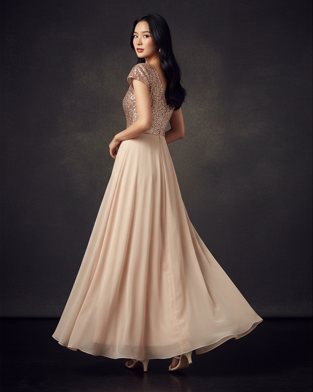 Cremefarbenes Abendkleid aus Chiffon - Ansicht 2