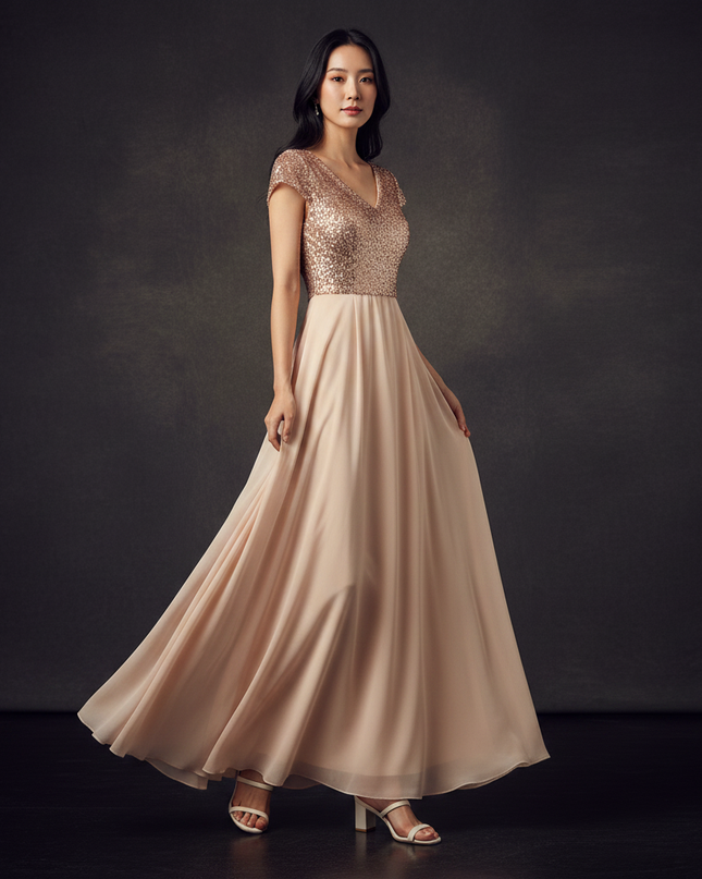 Cremefarbenes Abendkleid aus Chiffon - Ansicht 3