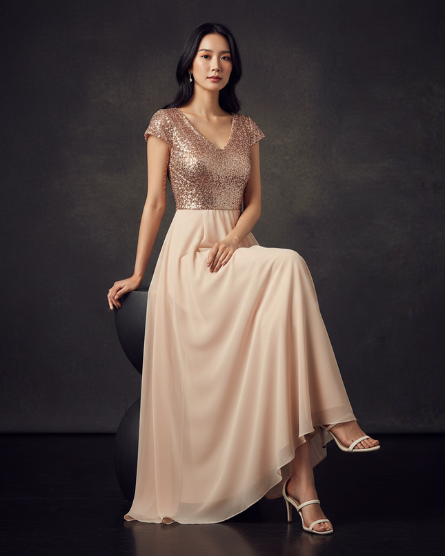 Cremefarbenes Abendkleid aus Chiffon - Ansicht 5