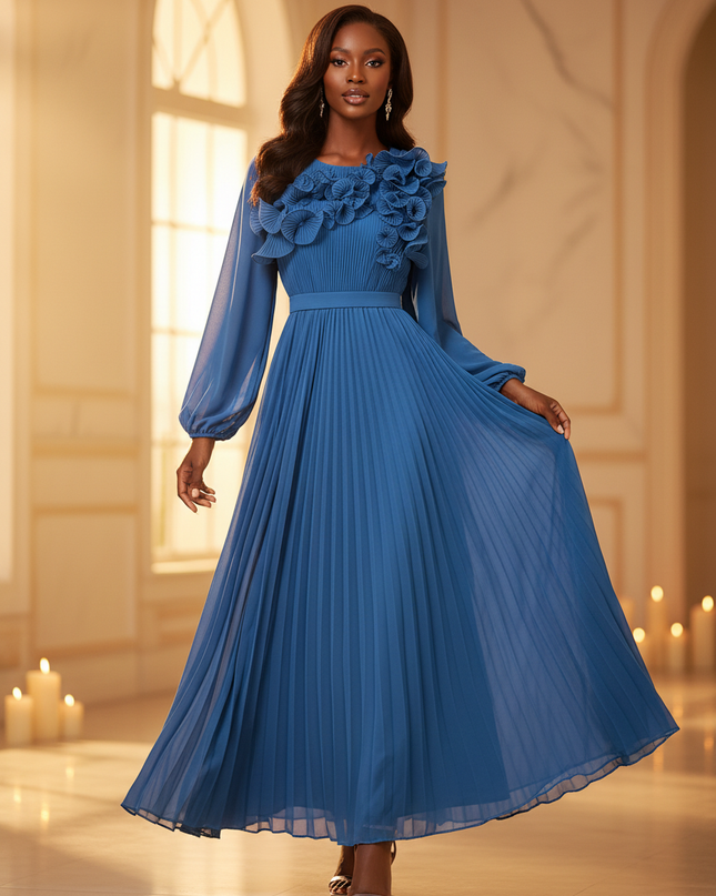 Blaues Chiffonkleid mit Plissee-Details - Ansicht 1