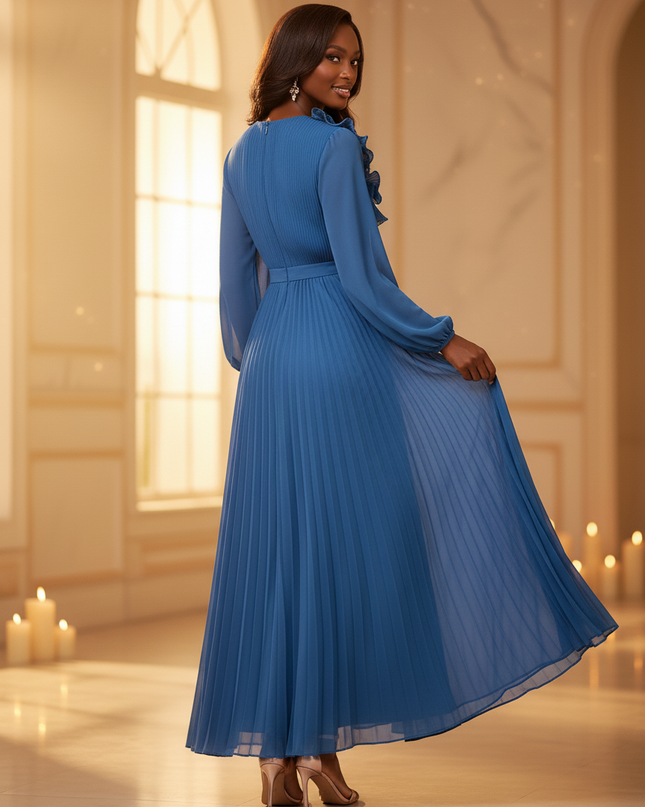 Blaues Chiffonkleid mit Plissee-Details - Ansicht 2