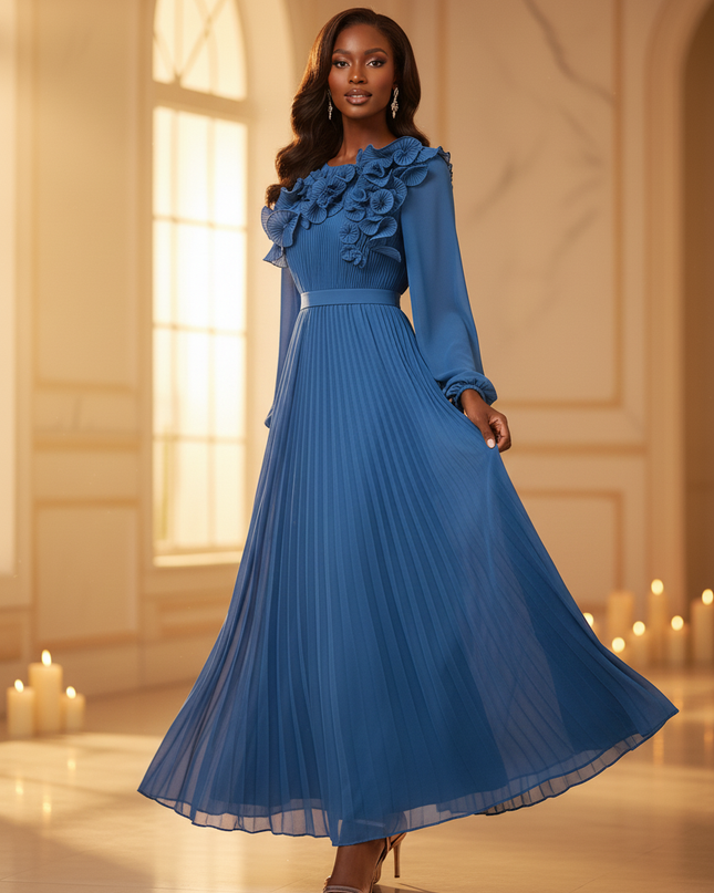 Blaues Chiffonkleid mit Plissee-Details - Ansicht 3