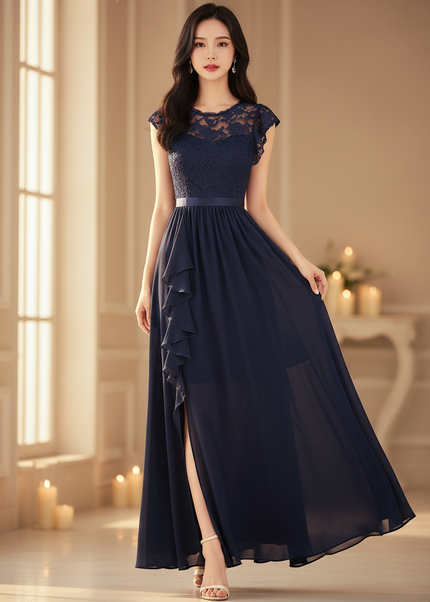 Festliches langes Chiffonkleid in Blau - Ansicht 1