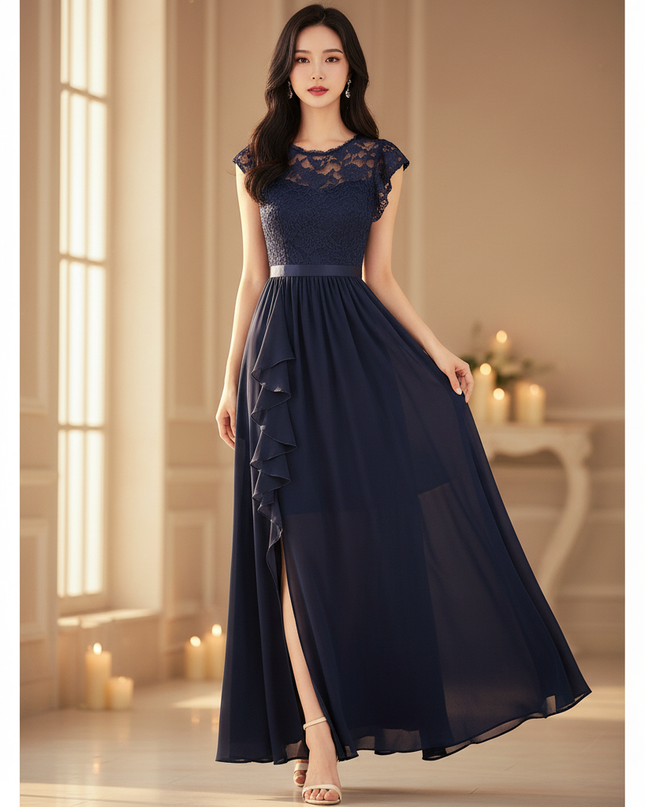 Festliches langes Chiffonkleid in Blau - Ansicht 1