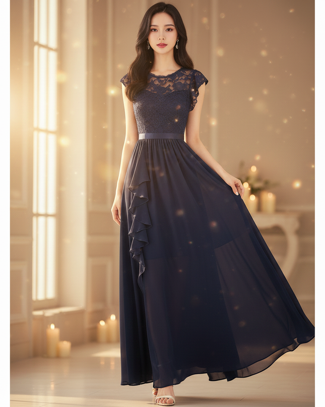 Festliches langes Chiffonkleid in Blau - Ansicht 3