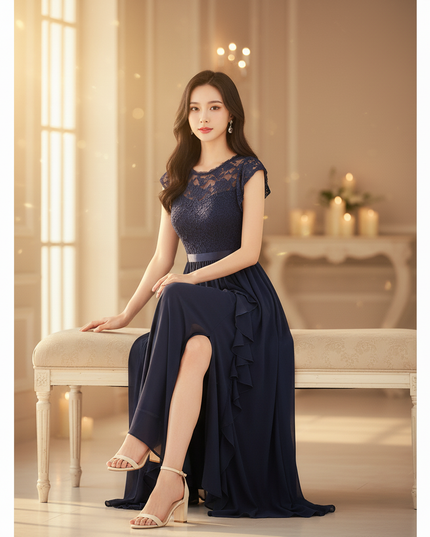 Festliches langes Chiffonkleid in Blau - Ansicht 5