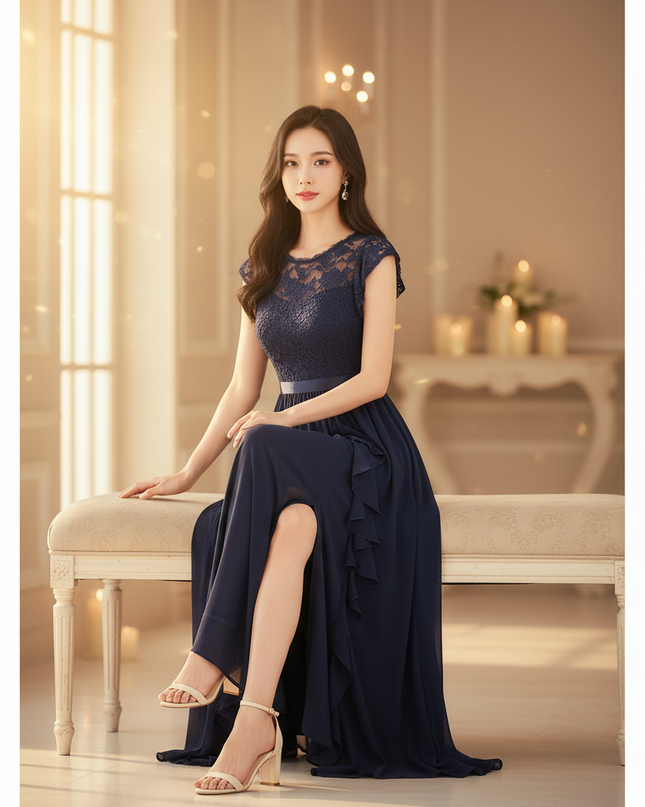 Festliches langes Chiffonkleid in Blau - Ansicht 5