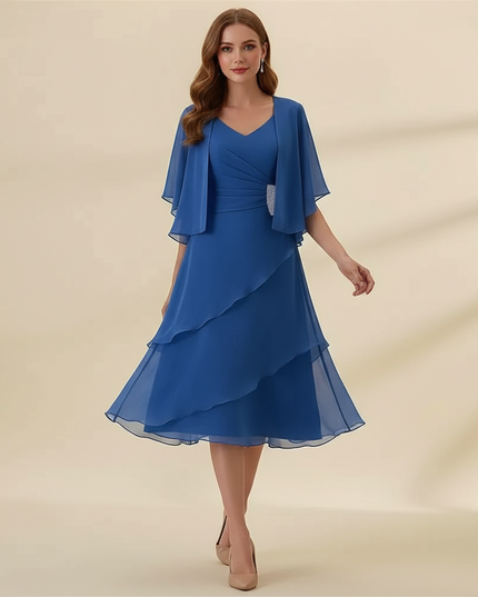 Blaues Chiffon-Midikleid mit Volants - Ansicht 1