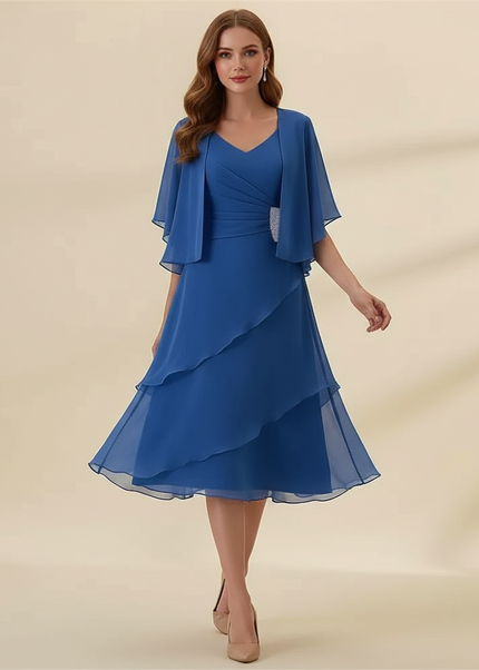 Blaues Chiffon-Midikleid mit Volants - Ansicht 1