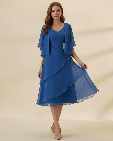 Blaues Chiffon-Midikleid mit Volants - Ansicht 3