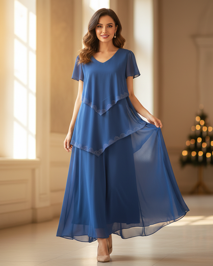 Blaues Chiffon-Midikleid mit Stufenrock - Ansicht 1
