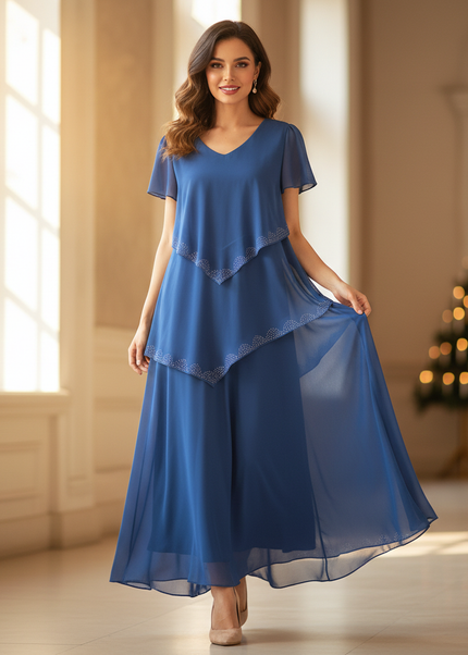 Blaues Chiffon-Midikleid mit Stufenrock - Ansicht 1