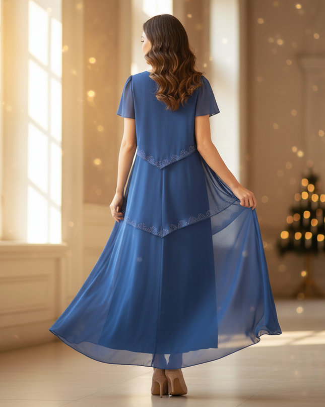 Blaues Chiffon-Midikleid mit Stufenrock - Ansicht 2