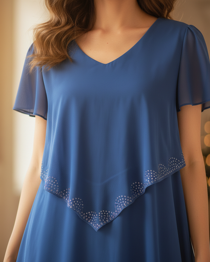 Blaues Chiffon-Midikleid mit Stufenrock - Ansicht 4