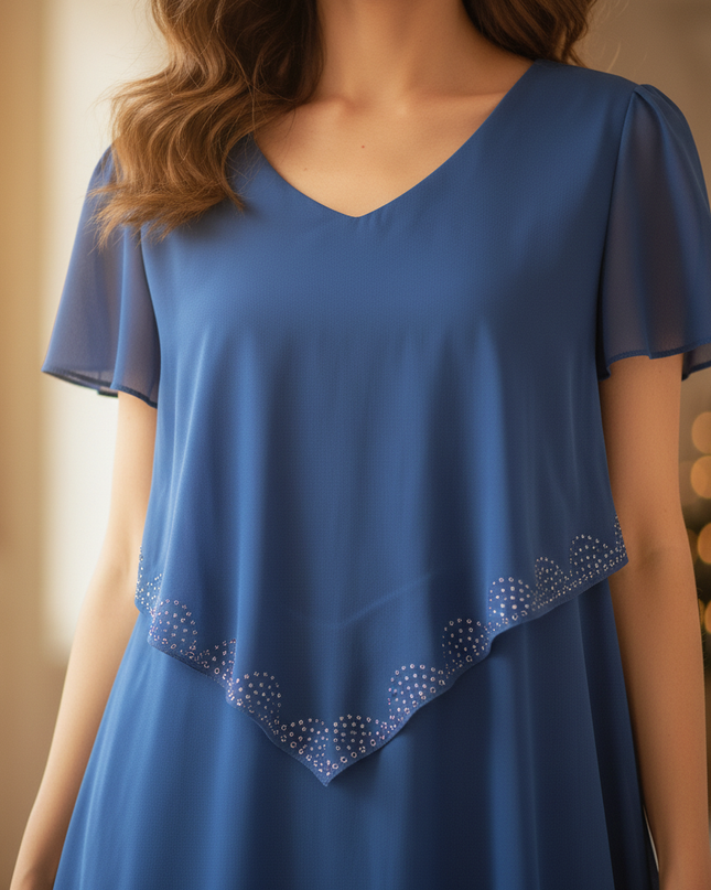 Blaues Chiffon-Midikleid mit Stufenrock - Ansicht 4