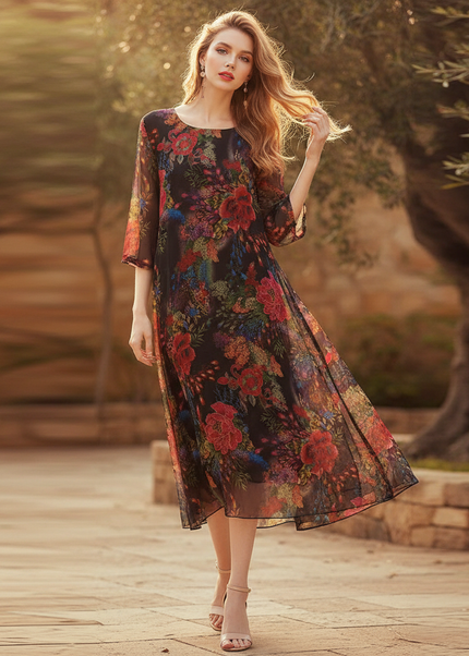 Blumen Chiffonkleid Schwarz mit Halbarm - Ansicht 1