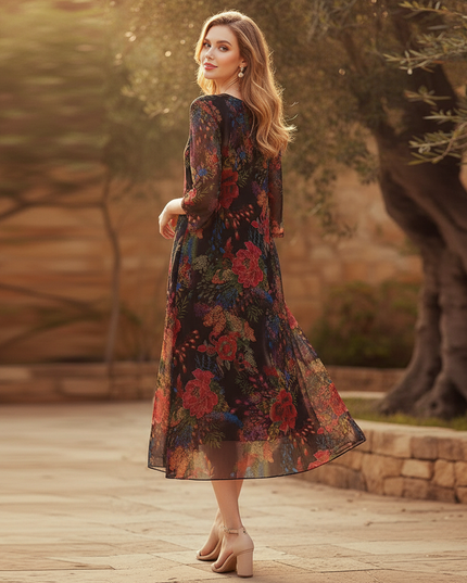 Blumen Chiffonkleid Schwarz mit Halbarm - Ansicht 2