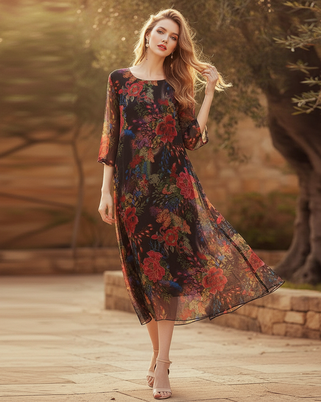 Blumen Chiffonkleid Schwarz mit Halbarm - Ansicht 3