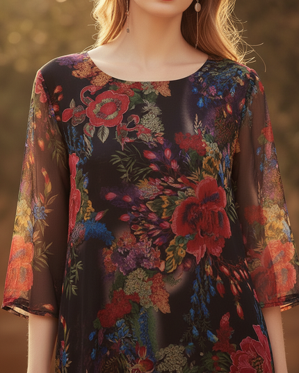 Blumen Chiffonkleid Schwarz mit Halbarm - Ansicht 4