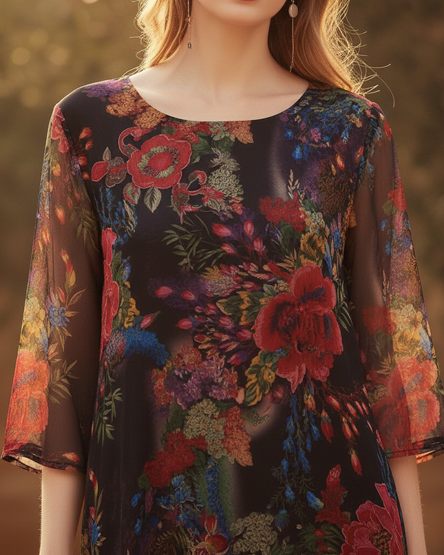 Blumen Chiffonkleid Schwarz mit Halbarm - Ansicht 4