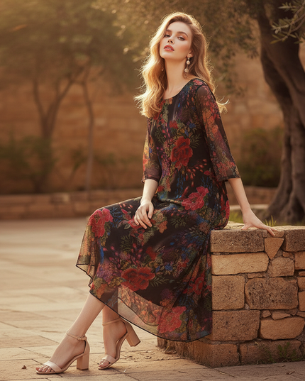 Blumen Chiffonkleid Schwarz mit Halbarm - Ansicht 5