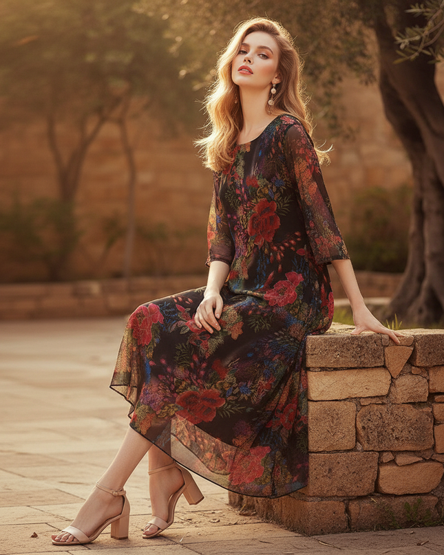 Blumen Chiffonkleid Schwarz mit Halbarm - Ansicht 5