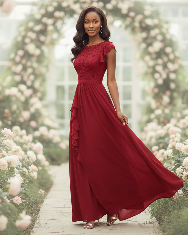 Boho Chiffonkleid Weinrot Maxi - Ansicht 3