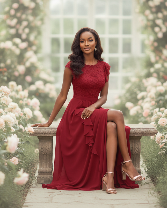 Boho Chiffonkleid Weinrot Maxi - Ansicht 5