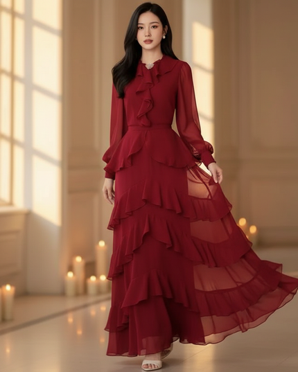 Bordeauxrotes langes Kleid mit Volants - Ansicht 1