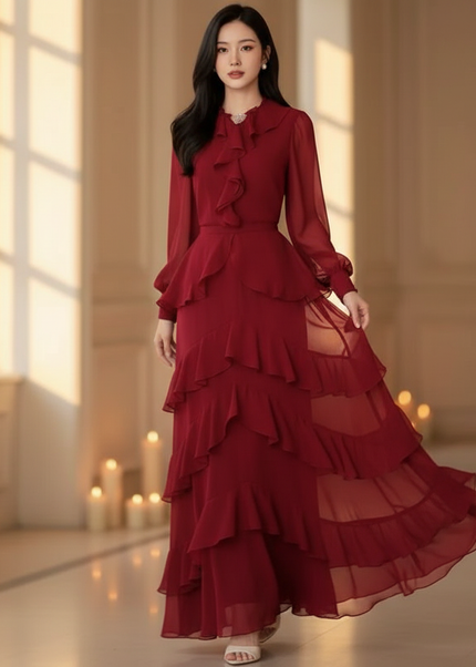 Bordeauxrotes langes Kleid mit Volants - Ansicht 1