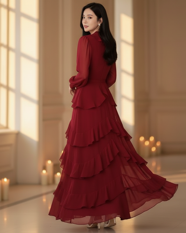 Bordeauxrotes langes Kleid mit Volants - Ansicht 2
