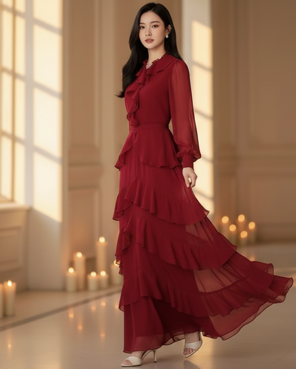 Bordeauxrotes langes Kleid mit Volants - Ansicht 3