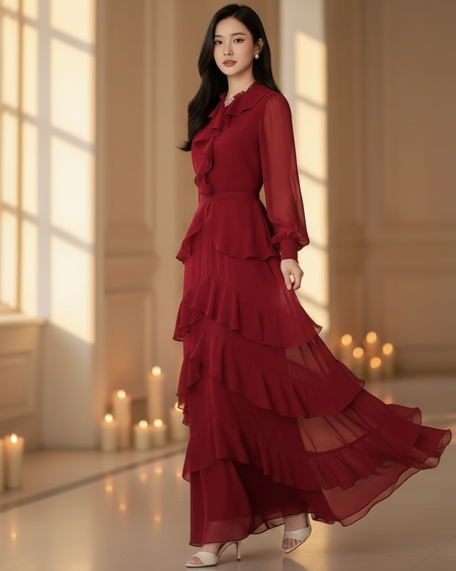 Bordeauxrotes langes Kleid mit Volants - Ansicht 3