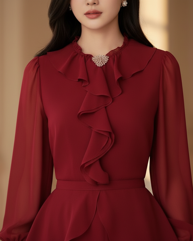 Bordeauxrotes langes Kleid mit Volants - Ansicht 4