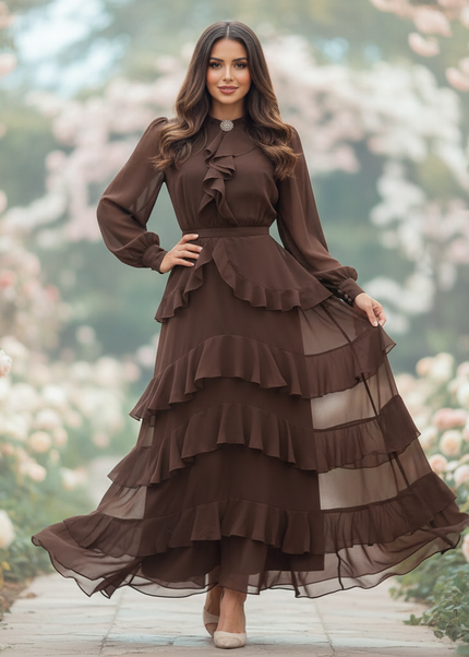 Brauner Chiffon Hochzeitsgast Volantlook - Ansicht 1