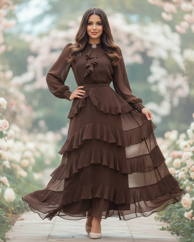 Brauner Chiffon Hochzeitsgast Volantlook - Ansicht 1