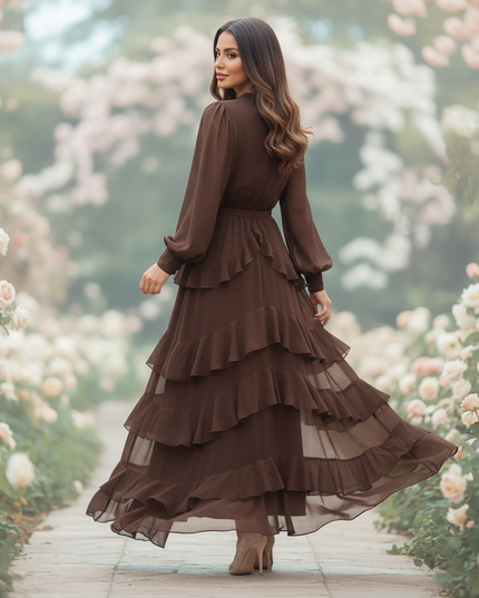 Brauner Chiffon Hochzeitsgast Volantlook - Ansicht 2