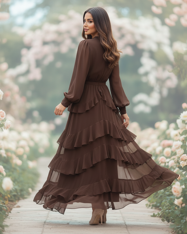 Brauner Chiffon Hochzeitsgast Volantlook - Ansicht 2