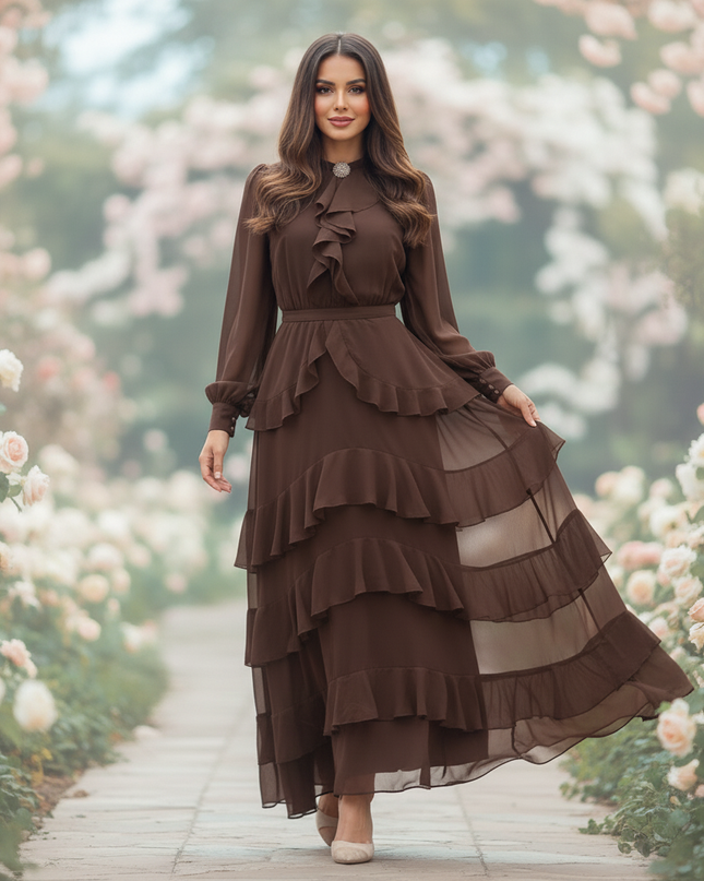 Brauner Chiffon Hochzeitsgast Volantlook - Ansicht 3