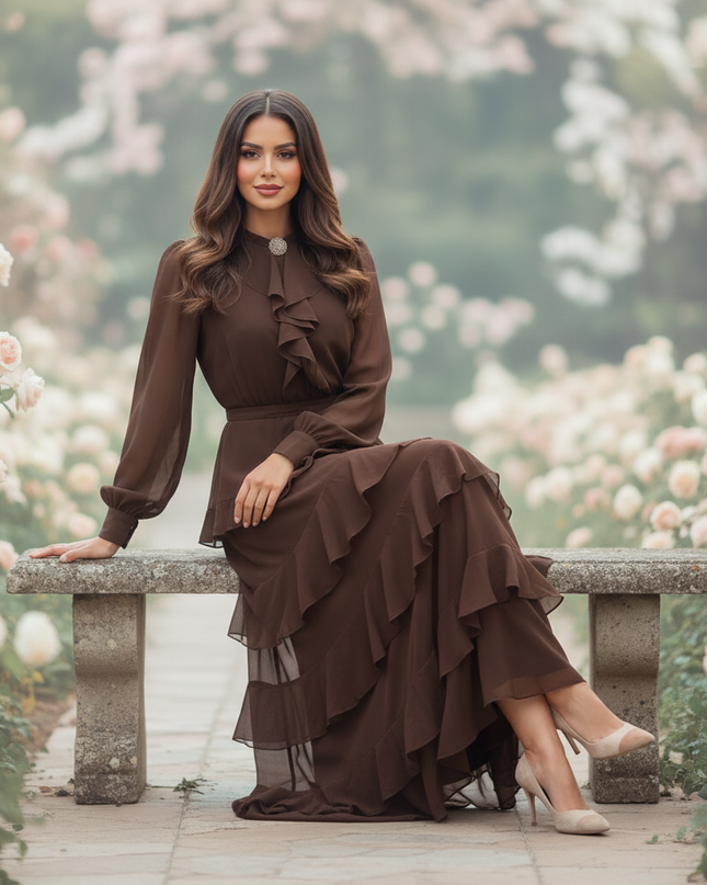 Brauner Chiffon Hochzeitsgast Volantlook - Ansicht 5