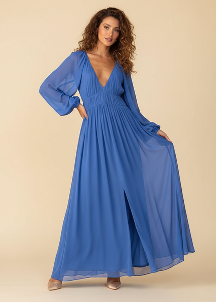 Blaues langes Kleid mit Plissee-Details - Ansicht 1