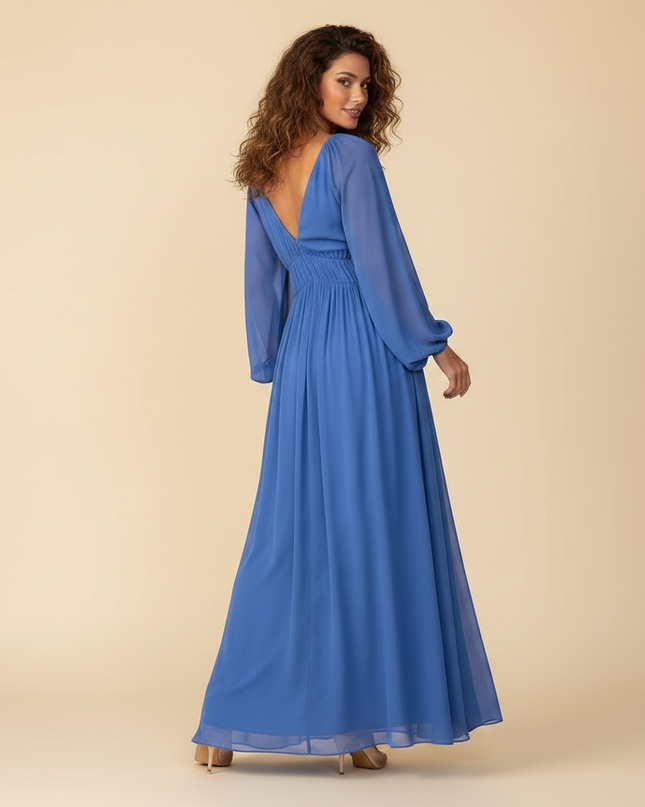 Blaues langes Kleid mit Plissee-Details - Ansicht 2