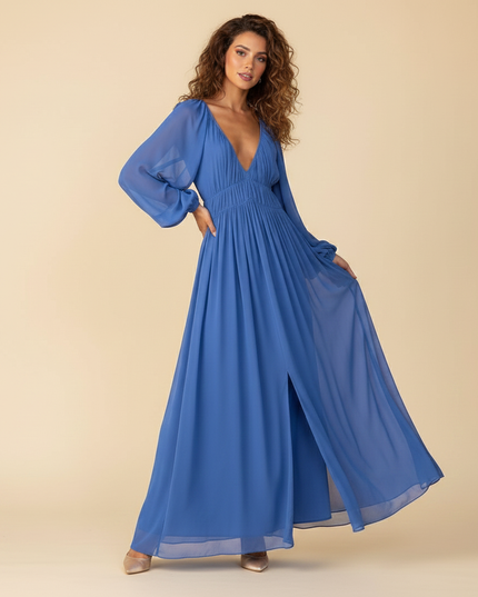 Blaues langes Kleid mit Plissee-Details - Ansicht 3