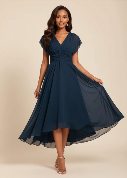 Blaues Chiffonkleid mit V-Ausschnitt - Ansicht 1