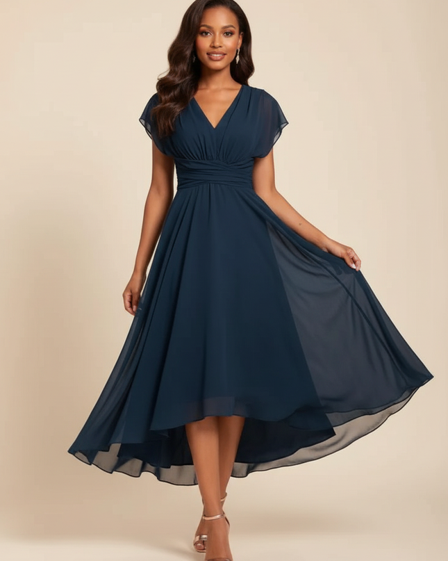 Blaues Chiffonkleid mit V-Ausschnitt - Ansicht 1