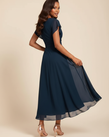 Blaues Chiffonkleid mit V-Ausschnitt - Ansicht 2